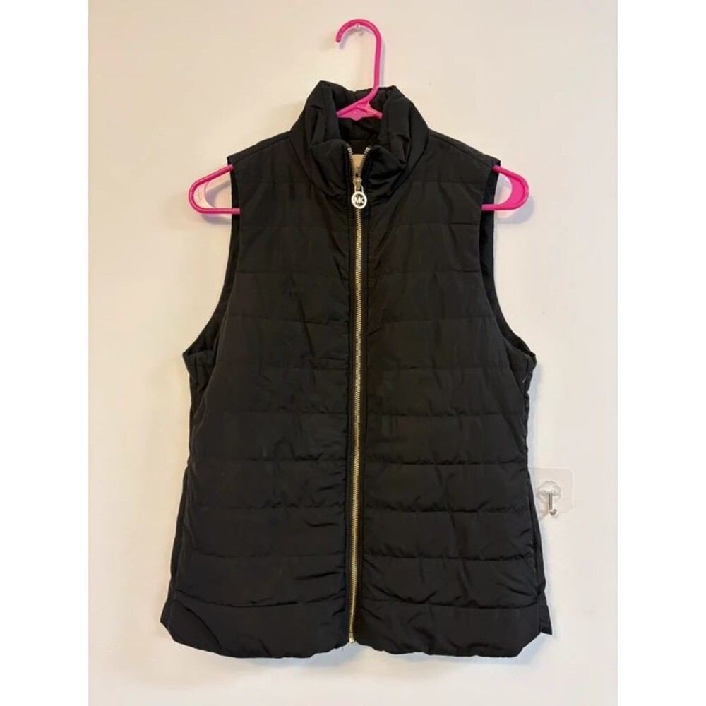 Michael Kors S Black Quilted Puffer Vest Gold Zip Stand Collar